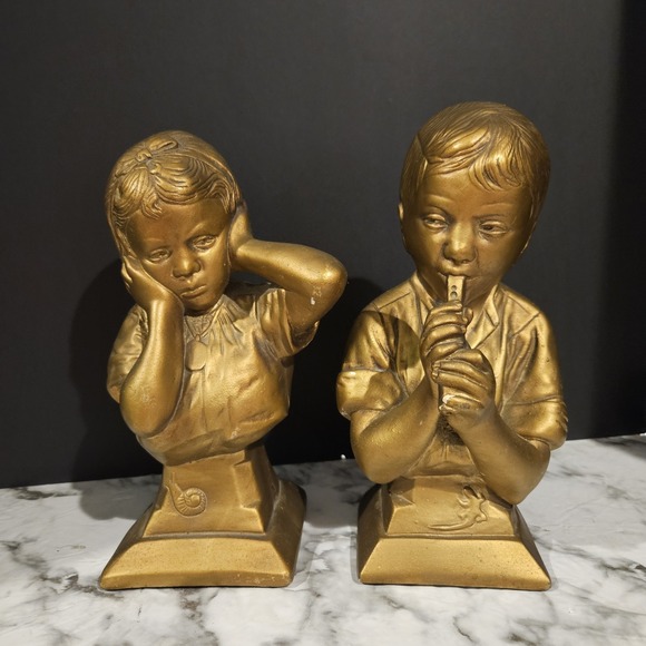 Vintage ESCO Chalkware Boy Flute Girl Covering Ears Bust Statues Set